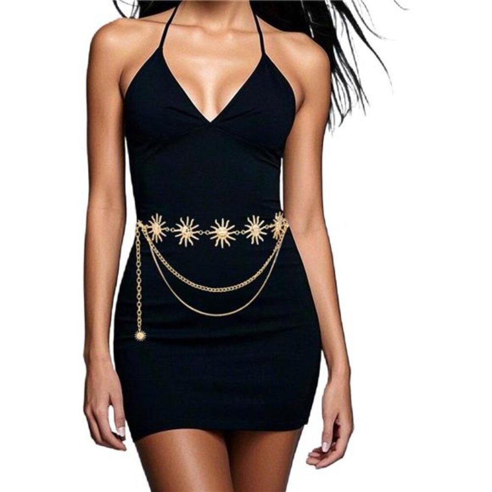 ✨ Sun & Moon Metal Chain Belt | Adjustable Boho Waist Jewelry for Dresses